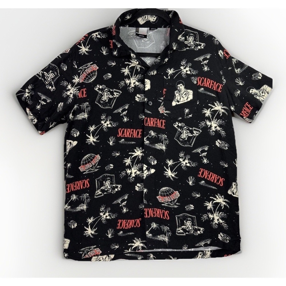 Scarface Graphic Button Up Shirt Mens Medium Black Excellent Tony Montana Print